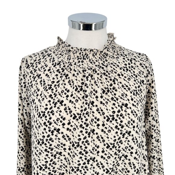 THML Brush Animal Print Smocked Ruffle Blouse Ivory Black Size Medium - Picture 2 of 12